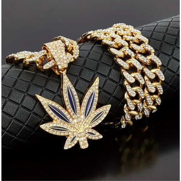 Funky Hip-Hop Punk Maple Leaf Pendant Necklace with Faux Diamond Accents - Picture 2 of 7